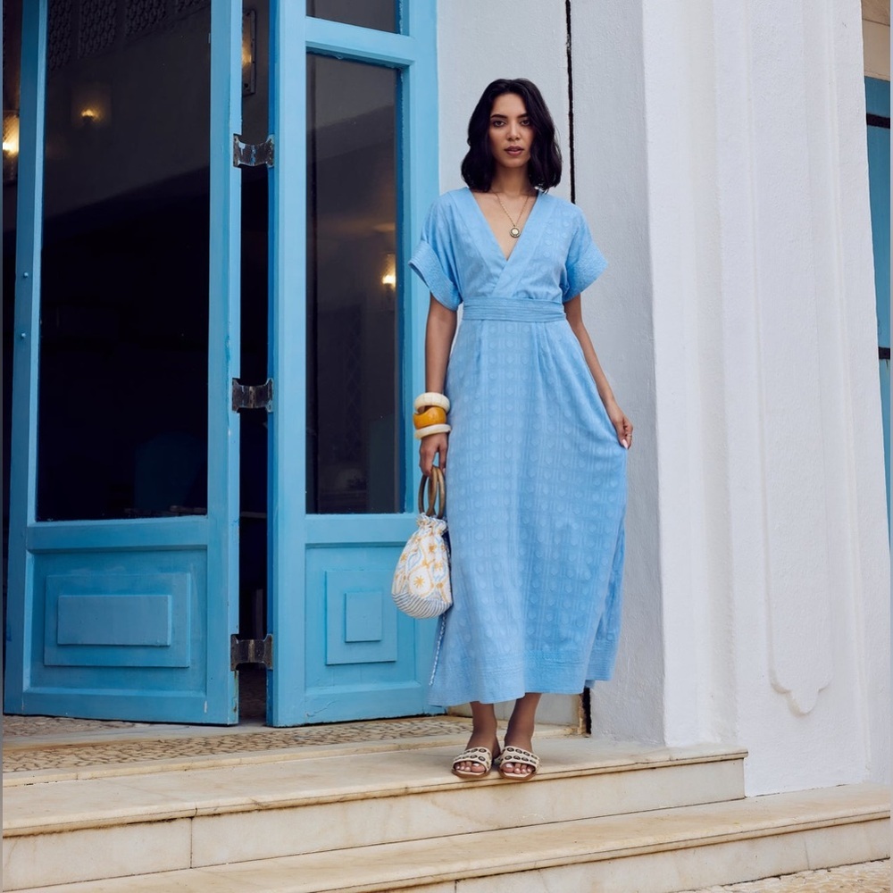 Beyond by Vera L Maxi Dress Sailor Cotton Weave Aqua Belted Spring Kimono Sleeve